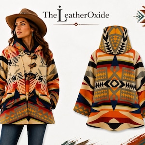 Puede incluir: Una chaqueta con capucha con un patrón geométrico en naranja, amarillo, crema, azul marino y negro. El frente muestra cierres de palanca, mientras que la parte posterior muestra el patrón completo. El texto The LeatherOxide es visible arriba al centro.