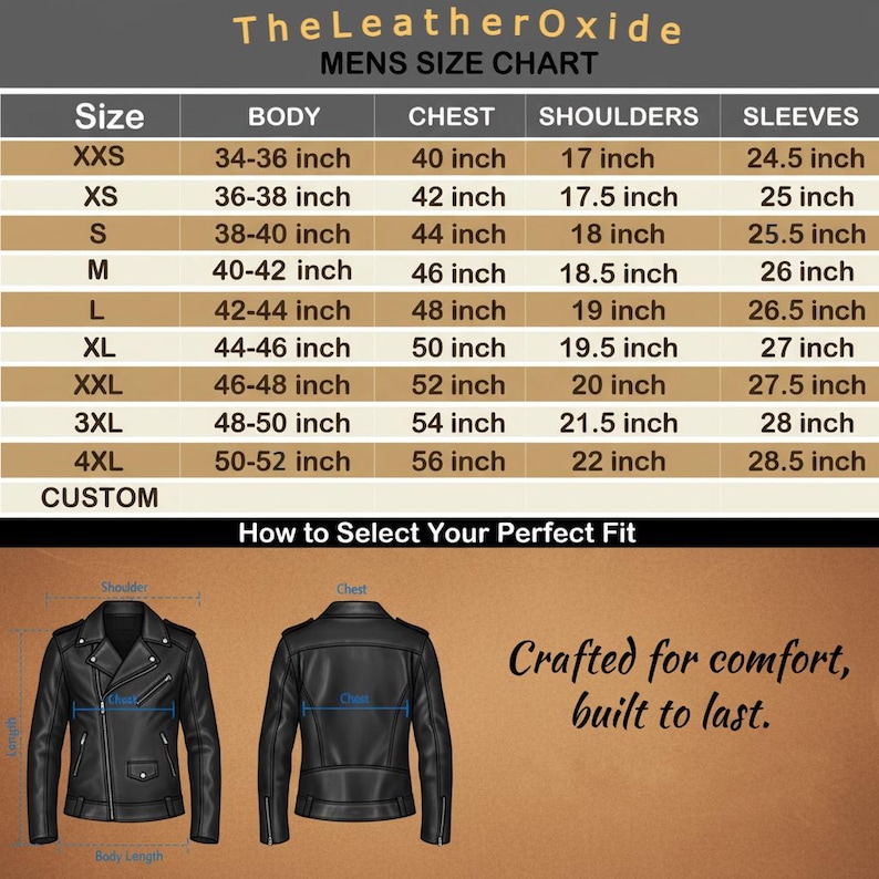 May include: A men's leather jacket size chart, displaying measurements in inches for body, chest, shoulders, and sleeves. Sizes range from XXS to 4XL, plus custom. The image also includes the text "Crafted for comfort, built to last."
