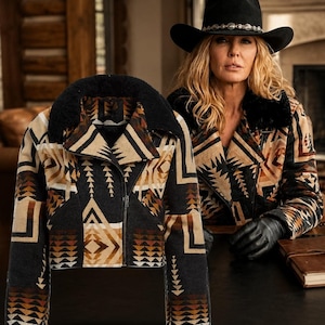 Handmade Beth Dutton Aztec Soft Wool Aviator Jacket — KellyReilly Yellowstone Dutton Ranch Shearling Collar