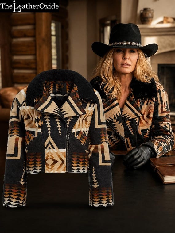Handmade Beth Dutton Aztec Wool Aviator Jacket | Kelly Reilly Yellowstone Dutton Ranch Shearling Collar