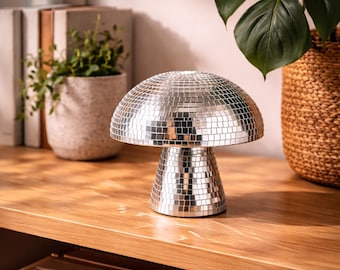 Decoración de bola de discoteca con forma de hongo, adorno de hongo con espejo plateado, decoración retro disco para el hogar, estante decorativo con estilo, decoración estética para habitaciones.
