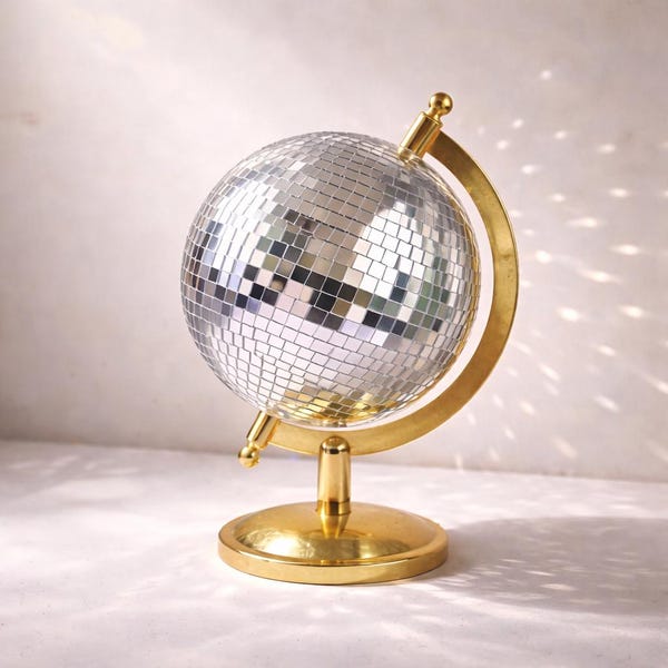 Silver Disco Globe Desk Decor, Mirrored World Globe Ornament, Retro Office Decor, Aesthetic Shelf Accent, Gift for Home or Office