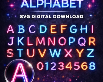 Paquete de letras SVG personalizadas del alfabeto neón / Fuente neón A–Z SVG / Imágenes prediseñadas de letras luminosas Archivos de diseño de letreros neón