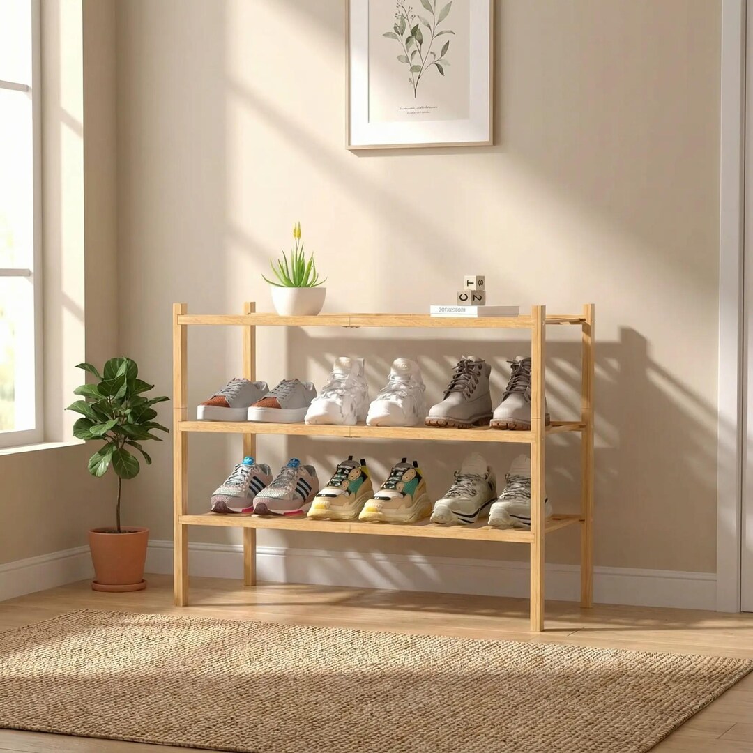 3-tier Bamboo Shoe Rack, Stackable Wooden Shoe Organizer for Closet ...