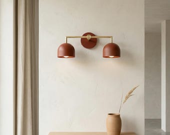 ミッドセンチュリーモダン真鍮製洗面化粧台照明 - トープ色のドーム型シェード付きバスルーム用洗面化粧台照明 - 鏡上壁掛けランプ - ミニマリストMCMスタイルのトイレ照明