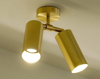 Antique Brass Double Spotlight Ceiling Light, Mid Century Modern Directional Track Lighting, Industrial Flush Mount Fixture for Kitchen