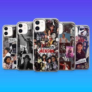 May include: Clear phone cases with collages of Michael Jackson images. The cases show various photos of the singer, including black and white shots and images with the text "Michael Jackson" and "Thriller". The cases have a glossy finish.
