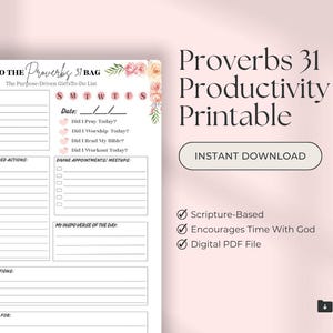 May include: A printable productivity planner titled "Proverbs 31 Productivity Printable" with a soft pink background. The planner includes sections for priorities, daily actions, and reflections. It also has a section for "My Inspo Verse of the Day."