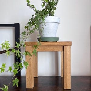 May include: A small, natural wood plant stand with a potted ivy plant. The plant pot is white with a textured finish, and the ivy has green and white leaves. The stand is square and has four legs.
