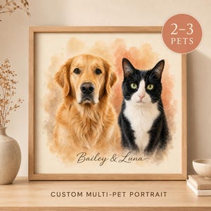 Peut inclure: Un portrait carré encadré représentant un golden retriever et un chat tuxedo noir et blanc sur un fond aquarelle doux. Le texte "Bailey & Luna" est imprimé en cursive sous les animaux, avec un badge circulaire indiquant "2-3 PETS".