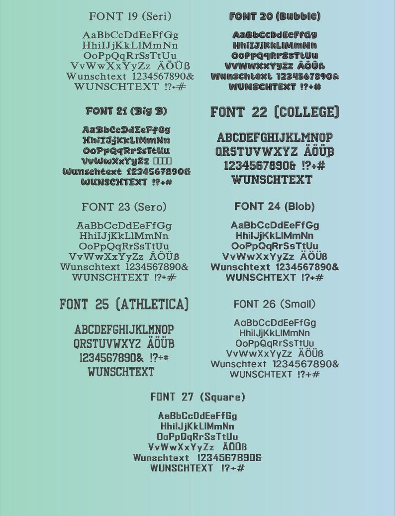 Peut inclure: Image pr&eacute;sentant diff&eacute;rents styles de polices, chacun nomm&eacute; et num&eacute;rot&eacute;. Les polices incluent des styles s&eacute;rif, bulle, coll&egrave;ge et athl&eacute;tique, avec des exemples de texte et de chiffres.