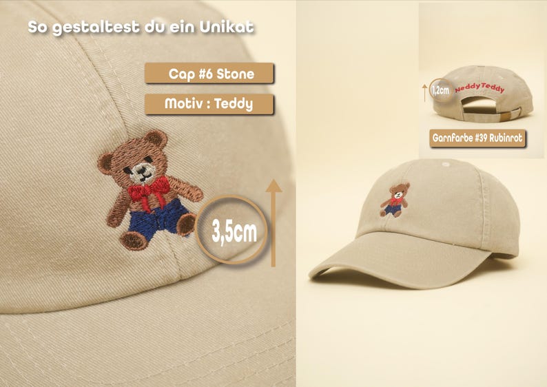Peut inclure: Casquette de baseball couleur pierre avec un ours en peluche brod&eacute; portant un n&oelig;ud papillon rouge et un pantalon bleu. La casquette a une visi&egrave;re incurv&eacute;e et un motif d'ours en peluche de 3,5 cm de haut. Le texte "Heddy Teddy" est au dos.