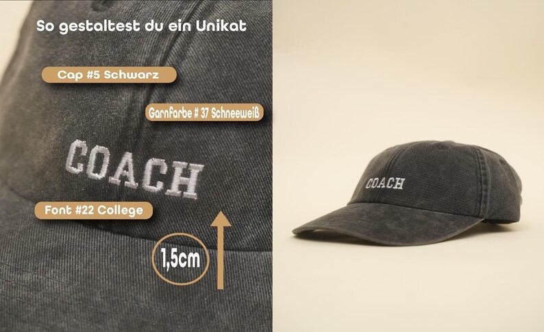 Peut inclure: Casquette de baseball gris fonc&eacute; avec le mot "COACH" brod&eacute; en blanc. La casquette a une visi&egrave;re incurv&eacute;e et un design classique &agrave; six panneaux. Le texte "So gestaltest du ein Unikat" est visible.