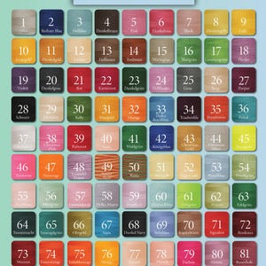 Peut inclure: Nuancier avec 84 &eacute;chantillons de couleurs num&eacute;rot&eacute;s, chacun avec un nom allemand. Les couleurs varient des pastels clairs aux tons profonds. Le texte "Garnfarben" est en haut. La marque "ma miqaz" est en bas.