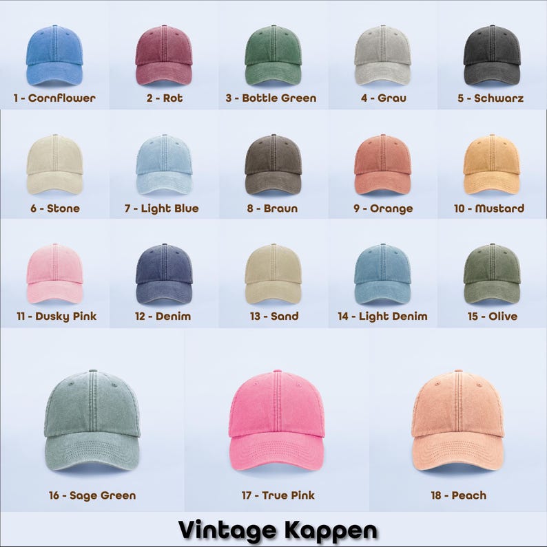 Peut inclure: Pr&eacute;sentation de dix-huit casquettes de baseball vintage de diff&eacute;rentes couleurs, dont bleuet, rouge, vert bouteille et noir. Chaque casquette est &eacute;tiquet&eacute;e avec un num&eacute;ro et un nom de couleur. Le texte "Vintage Kappen" est en bas.
