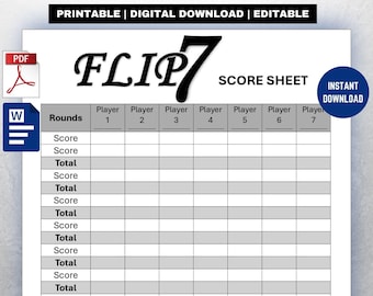 Flip 7 Score Sheet Template. Printable Card Game Tracker