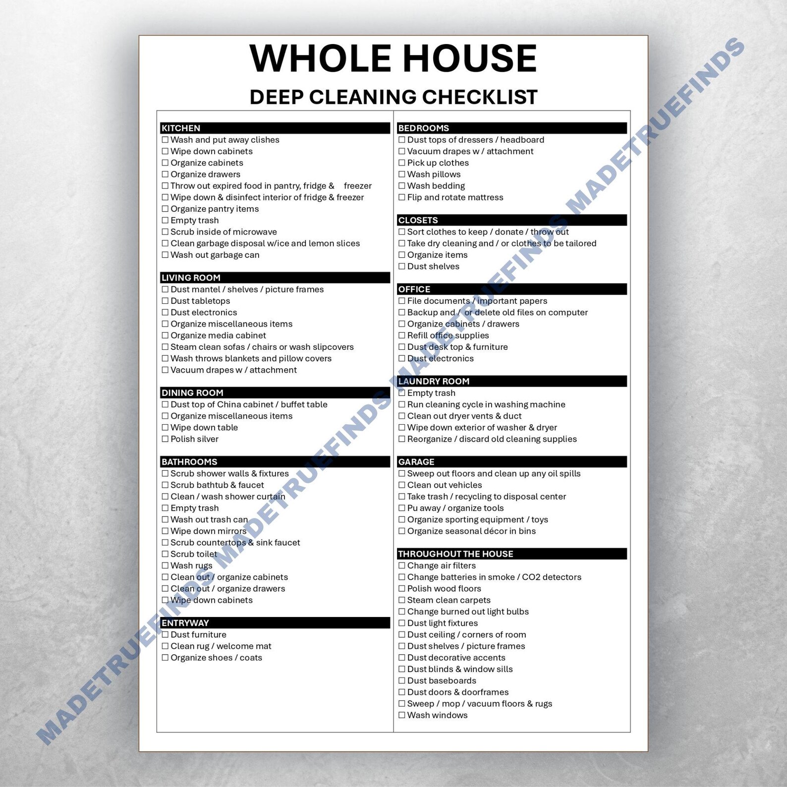 Whole House Deep Cleaning Checklist Template - Etsy