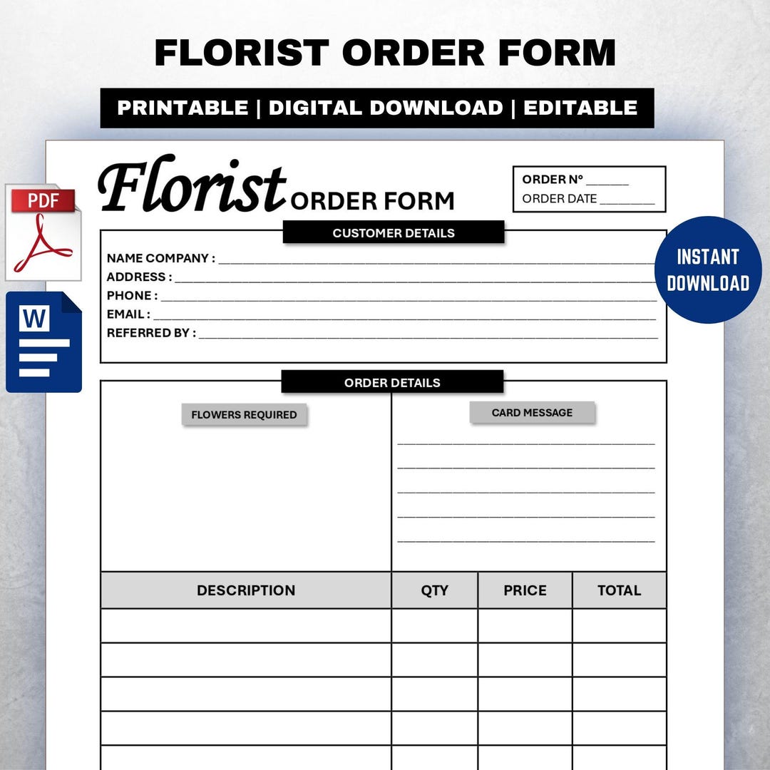 Florist Order Form Template | Editable Flower Shop Invoice (digital ...
