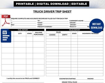 Truck Driver Trip Sheet: Editable Fuel, Mileage Log (PDF/Word)