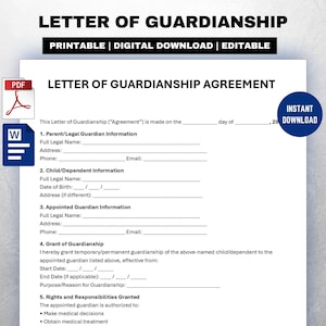 May include: A printable and editable Letter of Guardianship agreement. The document includes sections for parent/legal guardian, child/dependent, and appointed guardian information. Features an instant download option.