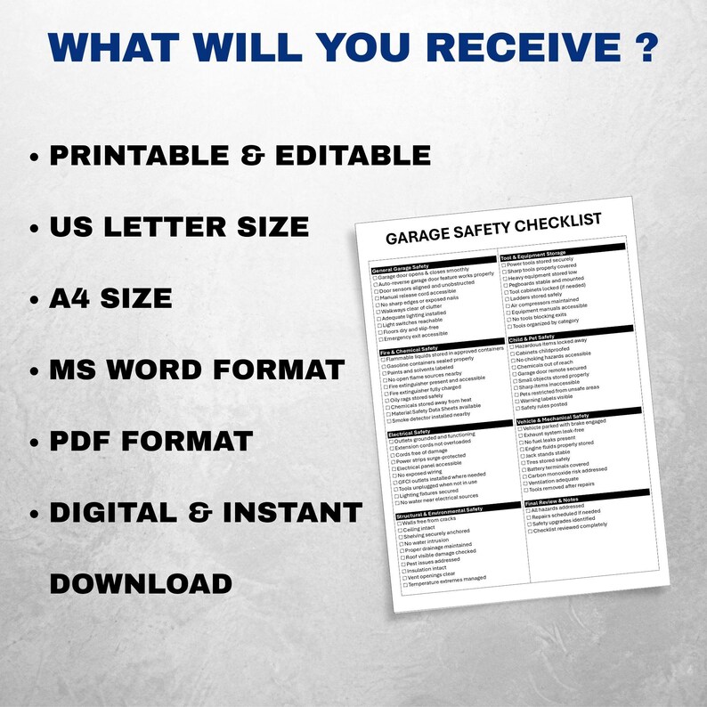Garage Safety Checklist Template (printable PDF & Editable Word) - Etsy