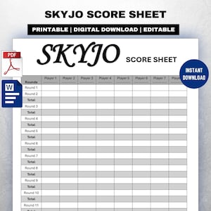 Op de afbeelding: Een witte SKYJO scorekaart met het logo van het spel bovenaan. De kaart is ontworpen voor meerdere spelers, met ruimte voor rondes en totalen. De tekst "PRINTABLE | DIGITAL DOWNLOAD | EDITABLE" staat boven het logo. Een blauwe cirkel zegt "INSTANT DOWNLOAD".