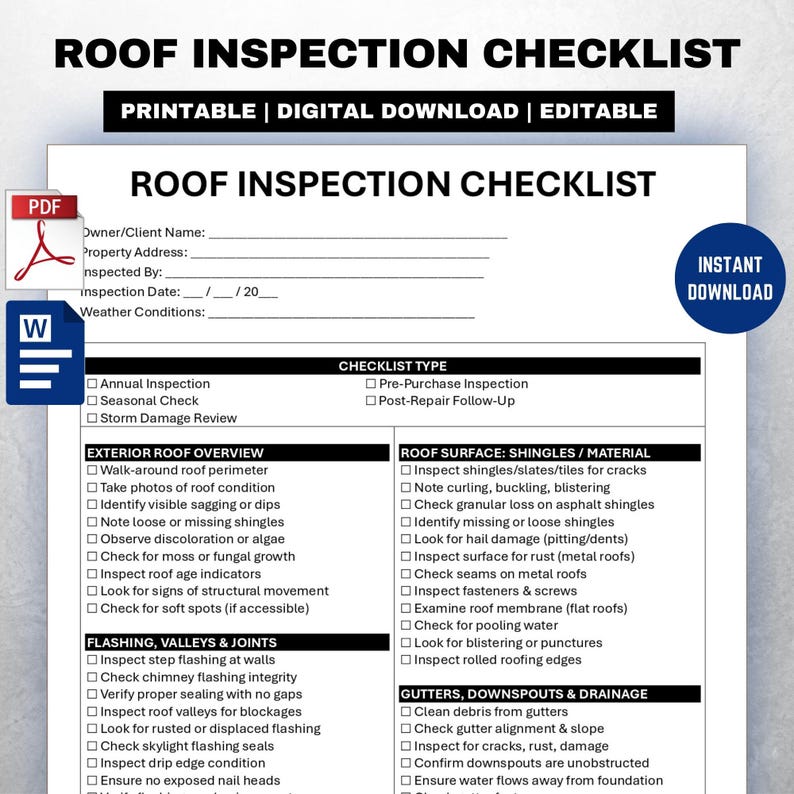 Roof Inspection Checklist Template - Etsy