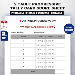 2 Table Progressive Tally Card Score Sheet