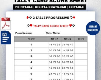 2 Table Progressive Tally Card Score Sheet