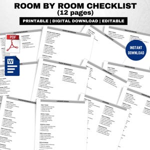 Peut inclure: Plusieurs listes de contrôle imprimables pièce par pièce. Le texte noir sur les pages blanches comprend des tâches quotidiennes, hebdomadaires et mensuelles pour diverses pièces. Le texte supérieur indique "ROOM BY ROOM CHECKLIST (12 pages)".