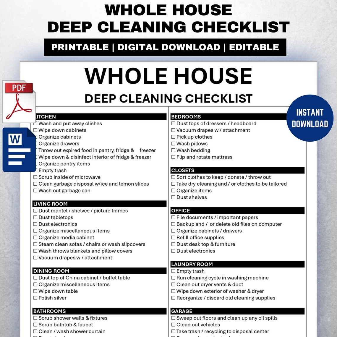 Whole House Deep Cleaning Checklist Template - Etsy