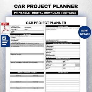 以下が含まれることがあります： プロジェクトの詳細、車の履歴、目標のセクションがある、印刷可能で編集可能な車のプロジェクトプランナー。車両情報、タイムラインの目標、月ごとの進捗状況トラッカーのフィールドが含まれています。デザインは白黒です。