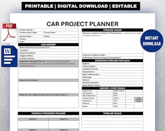 Car Project Planner Template. Vehicle Restoration Checklist. Auto Build Planning