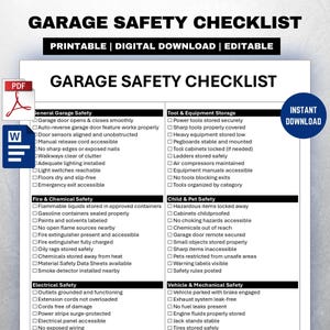 May include: A printable and digital garage safety checklist with sections for general, fire, electrical, tool, child, and vehicle safety. Includes a PDF and Word document icon, and a blue "Instant Download" button.