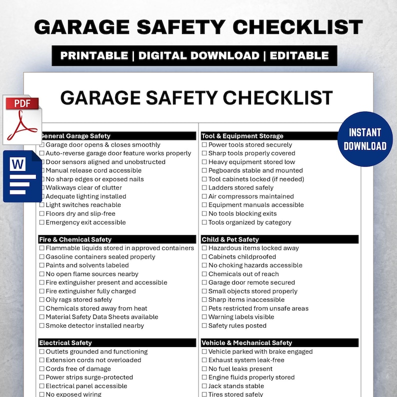 Garage Safety Checklist Template (printable PDF & Editable Word) - Etsy