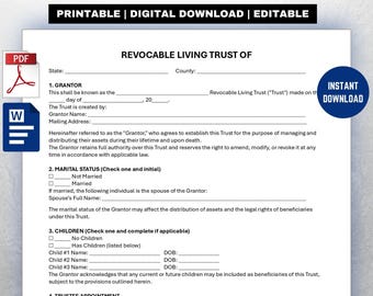 Revocable Living Trust Form: Estate Planning Agreement (Digital Download)