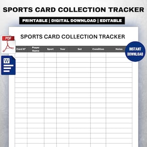 Könnte beinhalten: Ein druckbarer Sportkarten-Sammlungs-Tracker. Das Dokument enthält Felder für Kartennummer, Spielername, Sportart, Jahr, Set, Zustand und Notizen. Der Text "SPORTS CARD COLLECTION TRACKER" steht oben. Die Wörter "PRINTABLE | DIGITAL DOWNLOAD | EDITABLE" sind ebenfalls sichtbar.