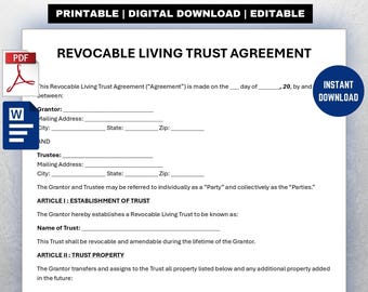 Revocable Living Trust Form Template. Editable Living Trust Agreement. Estate Planning Trust Document