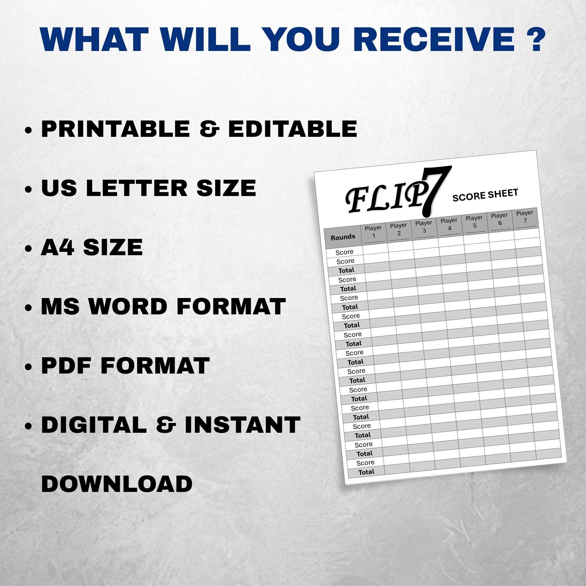 Flip 7 Score Sheet Template. Printable Card Game Tracker Etsy