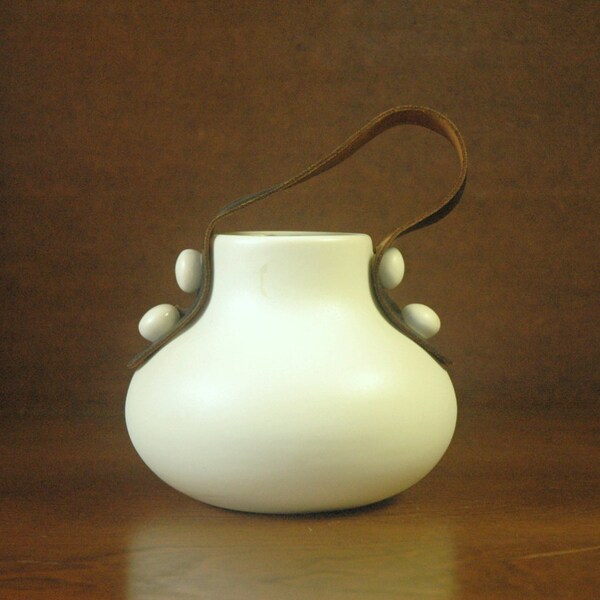 Mid Century Modern Leather Handled Vase / Planter By Beit Hayotser of Israel - Modernist Ceramic Pottery