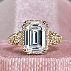 Filigree Emerald Cut Moissanite Engagement Ring, Vintage 14K Solid Gold Engraved Wedding Band, Promise Ring For Women, Anniversary Gifts