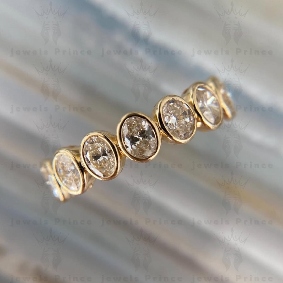 Oval Cut Moissanite Band, 14K Solid Gold Wedding Ring, 7 Stone Bezel ...
