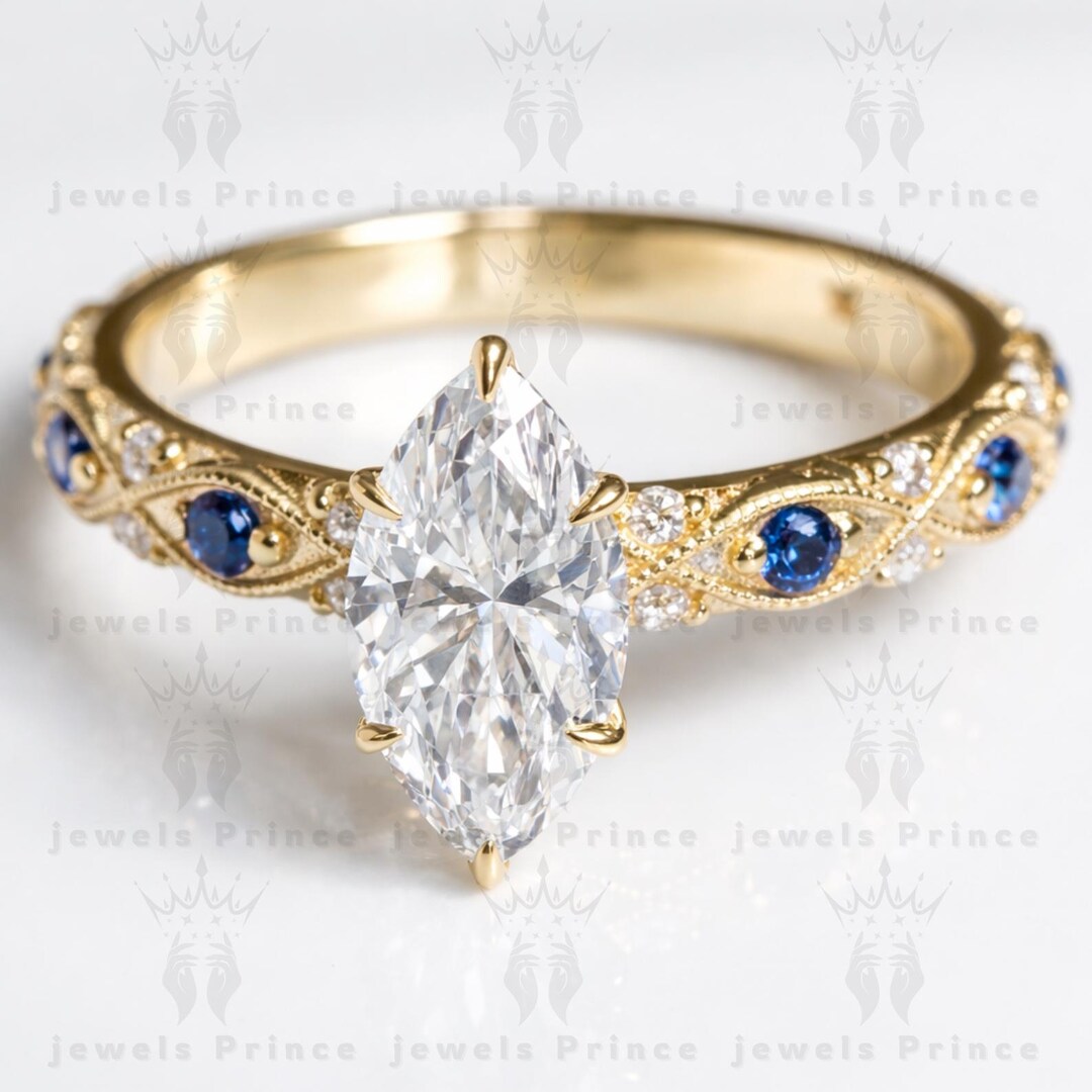 Art Deco Filigree Marquise Cut Moissanite Engagement Ring 14K Yellow ...