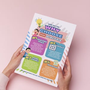 May include: A brochure titled "Why Choose Home Dialysis" is held against a pink background. The brochure highlights benefits like "Your Own Space," "Schedule," "More Energy," and "Independence." The text is accompanied by colorful illustrations.