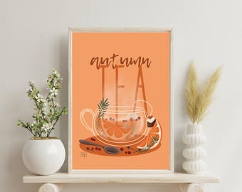 Autumn Tea Print, Cozy Fall Kitchen Wall Art (Digital Download)