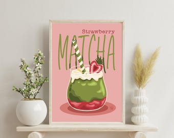Erdbeer Matcha Kunstdruck - Kawaii Cafe Küche Dekor (Digitaler Download)