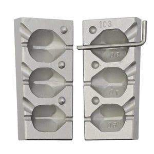 May include: A silver-colored fishing sinker mold, split into two halves, with three cavities each. The mold has a handle and the number "103" is visible. Each cavity is labeled with a number.