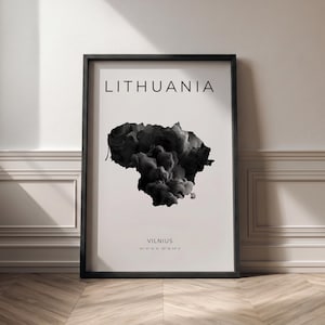 May include: A framed print featuring a black and white artistic rendering of the country of Lithuania. The word "LITHUANIA" is printed at the top, with "VILNIUS" and coordinates at the bottom. The frame is black.