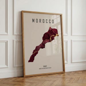 Poster con mappa del Marocco | Arte murale di Rabat | Stampa artistica personalizzata dell'Africa | Casa | Regalo da viaggio