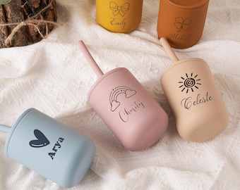 Personalized Silicone Name Cup 7oz for Babies, Baby Gift, Custom Toddler Gift, 1st Birthday Gift, Non-Spill Baby Training Cup with Straw
